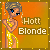 Pixel art contact sheet showing two frames of an animated AIM buddy icon featuring a blonde woman in a yellow dress with text "Hott Blonde" on orange background.