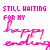 Pixelated text displays 'STILL WAITING FOR MY happy ending' in two color variations across four , with pink and orange/yellow lettering on white background