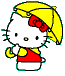 Hello Kitty character with yellow hair and red bow, wearing red and white outfit, holding yellow crescent object, static pose with slight variation in left arm position.