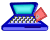 Blue laptop with light blue screen showing red symbols and objects in various positions across frames.