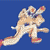 Pixelated cartoon character with light brown fur, blue eyes, and orange accents on ears and feet, set against a solid blue background.