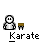 Pixel art icon set showing a character with white face and body, brown stool, and 'Karate' text under each frame; includes hand gestures and broken stool variations.