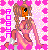 Pixelated character with orange face and brown hair, wearing pink dress against pink heart-patterned background with vertical purple text.