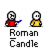 Animated contact sheet of 18 pixel art frames showing two stick figures interacting with a Roman candle firework effect, labeled "Roman Candle" beneath each frame.