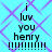 A static digital image with cyan background and purple diamond pattern displaying text "i luv you henry !!!!!!!!!" in black pixelated font.