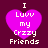 Four identical pixelated purple hearts with white text reading "I Luvv my Crizzy Friends" on a dark red background.