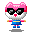 Pixel art character with pink hair, black eyes, red mouth, blue overalls, and yellow accents in four poses.