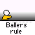 Pixelated cartoon figures in yellow and red shirts interact with speech bubbles containing text like "Can I have your autograph" and "Sure" under "Ballers rule" text.