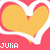 Pixelated heart-shaped icon with yellow interior and red outline, white background, pink border at bottom left corner containing 'JULIA' text.