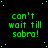 Green text 'can't wait till sabra!' repeated in a on black background with blue dots, one gray square visible