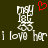 Two identical pixelated white text icons on dark green background with red heart above, each reading 'i love her' in lowercase.