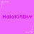 Pixelated purple background with repeated 'HaloKitElvr' text and white star-shaped icons in four corners.