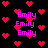 Pixelated red hearts and repeated purple text 'Emily' on a black background with animated heart movement.
