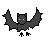 Pixelated bat-shaped figure with white eyes, dark gray body and wings, black feet on light gray background.
