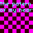 Pixelated text repeats over a pink and dark brown checkered background with visible artifacts