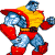 Pixelated character in red and yellow costume with blue skin, shown in four sequential poses with arm and leg movements.