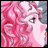 Pixelated anime-style icon featuring a pink-haired character's face on the left and stylized text on the right against a black background.