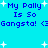 Blue pixelated text on cyan background with white star shapes, repeating 'My Polly Is So Gangsta! <3' in two