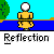 Pixelated character with white spherical head and yellow body stands in blue water reflecting its image, green tree on left against cyan sky.