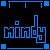 Pixelated blue and white text "Mindy" appears in two styles against a black background with geometric shapes.