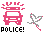 Pixel art animation of a pink police car with flashing lights and heart-shaped icons, displaying text like "POLICE!", "THAT'S HIM!", and "THE BOY WHO STOLE MY HEART!" in black block letters.