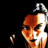 pixelated character faces with changing text overlays and a white symbol appearing in the middle
