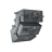 Pixelated grayscale icon of a three-dimensional blocky object with layered sections and visible edges.