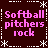 A 4-frame contact sheet of a pixel art animation featuring repeated text "Softball pitchers rock" in pink on a dark brown background with white decorative borders.