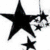 Four distinct static images arranged in a : black stars on white, purple abstract pattern, anime-style character with dark hair, and teal sparkles on dark background