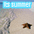 A four- of pixelated summer-themed images with blue text overlays, featuring beach scenes and a celebrity figure