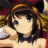 Pixelated anime-style character with brown hair and black eyes, wearing a dark collar, holding a white object near the face against a blurred background.