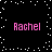 Four instances of the name 'Rachel' in pink pixelated text arranged on a black background with scattered white dots.