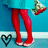 Pixelated image of a figure in red pants and white shoes against blue background with heart symbol.