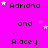 A static image with a bright pink background displays repeated text in black pixelated font, including 'Adriana', 'Alacey', and 'and', with scattered white and pink star shapes.