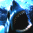 A 4-frame animated contact sheet showing a shark in various states with text elements, arranged in a 2x2 grid on a gray background.