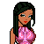 Pixelated character with dark green hair in pink top and black shorts, standing beside purple banner reading 'ghetto Booti-licious' on white background.