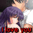 Pixelated anime-style icon showing a couple embracing with text overlays, a wolf illustration, and handwritten-style text.