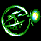 Green and white pixelated circular shapes with glowing yellow centers rotate, expand, contract, and shift position across against a black background