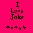 Pixelated text "I Love Jake" on bright pink background with five heart symbols below, two versions differ in heart color sequence.