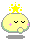 Pixelated yellow circular character with closed eyes, pink blush, green outline, and yellow star crown, shown in four variations with different props and background elements.