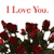 Pixelated image with red text reading 'I Love You' above dark green foliage and red flowers on white background.