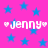 Pixelated pink background with scattered blue stars and repeated white text reading "Jenny" flanked by heart symbols.