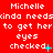 Red background with white pixelated text repeating 'Michelle kinda needs to get her eyes checked' across three , each showing sequential animation frames with varying punctuation and cyan checkmark symbols