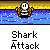 Pixelated cartoon shark in a small boat with red accents, repeated across a with 'Shark Attack' text below each instance