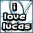 Pixelated icon with black text 'I Love Lucas' on white background, blue and gray abstract shapes behind text.