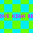 Pixelated green and cyan diamond-patterned background with repeating pink text "OVE KIAH EBOVE" across two horizontal bands.