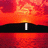 A pixelated image with a fiery orange-red background showing a sunset over water, with text appearing sequentially across black bars.