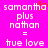 Pixelated text on bright pink background with red heart symbol above 'samantha' in left , static right