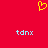 Red background with yellow pixelated heart symbol at top center and two light blue 'tdnx' text strings below on left and right.