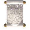 Animated scroll transitions between rolled and unrolled states with visible text on the scroll surface.